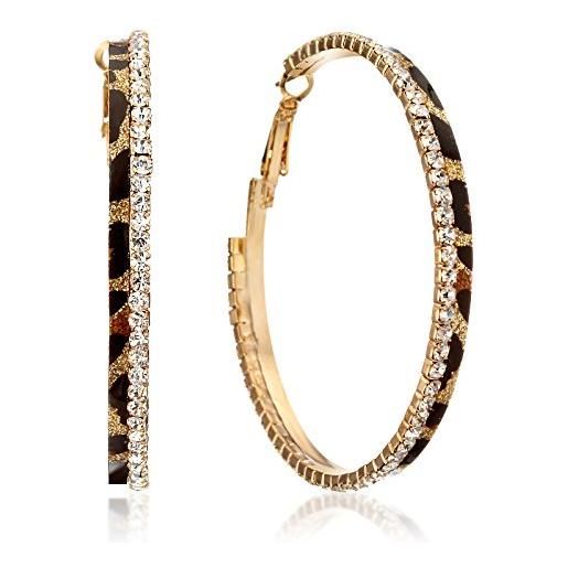 Gemini moda donna placcato oro stampa leopardo cristallo creoli grandi rotonde gm148 2 pollici, ottone, cristallo