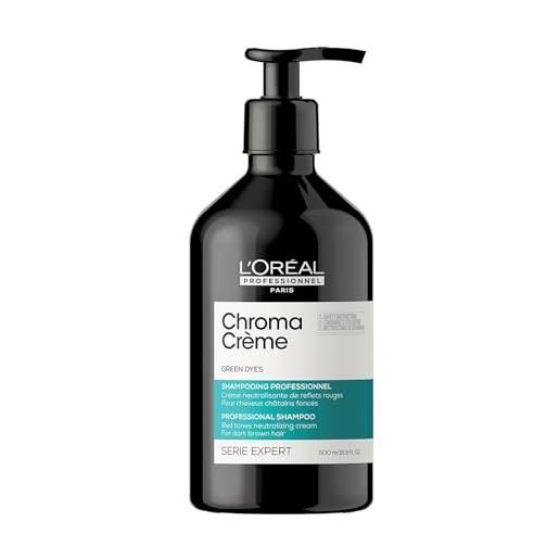 L'Oréal Professionnel paris | shampoo professionale correttore del colore chroma crème verde serie expert, per capelli da castano scuro a nero tinti, formula arricchita con pigmenti, 500 ml