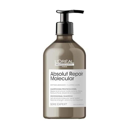 L'Oréal Professionnel Paris l'oréal professionnel shampoo ristrutturante, per tutti i tipi di capelli danneggiati, aiuta a riparare i danni e ripristina la forza, senza solfati, absolut repair molecular, serie expert, 500 ml