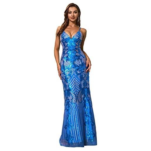Angel-fashions da donnas collo a v blu floreale paillettes guaina lungo abito da sera medium