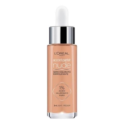 L'Oréal Paris siero colorato accord parfait, per pelle rimpolpata e idratata, finish naturale, texture leggera, tonalità: 3-4 light-medium, 30 ml