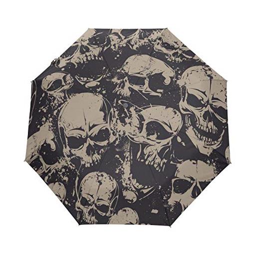 Mnsruu ombrello automatico compatto grigio con teschi da viaggio pieghevole ombrello portatile per donne e uomini