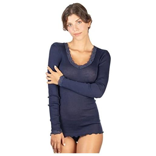 EGI maglia donna manica lunga lana e seta a costina con pizzo (xl, blu)