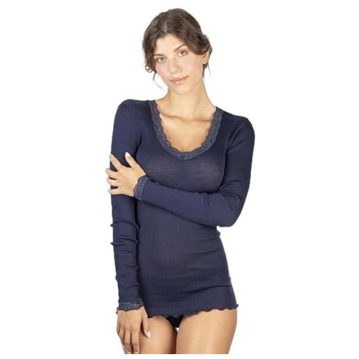 EGI maglia donna manica lunga lana e seta a costina con pizzo (s/m, blu)