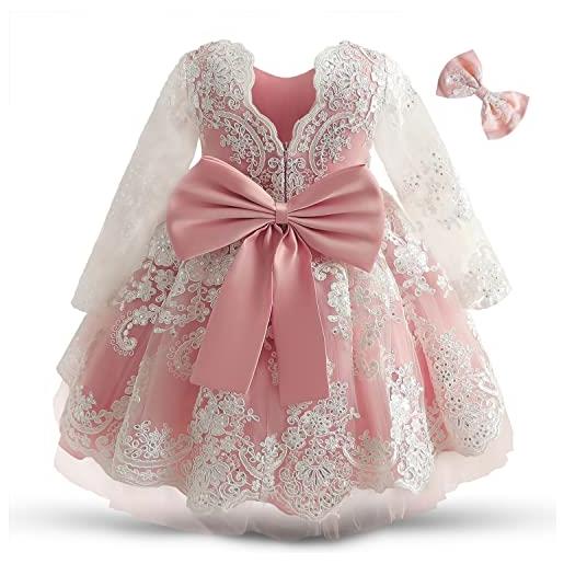NNJXD abito da principessa per bambina in pizzo abito da spettacolo per feste bowknot per bambina 2007 rosa taglia (80) 6-12 mesi