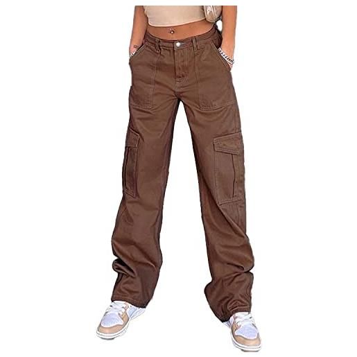 Yeooa pantaloni donna stile harajuku jeans cargo multitasche elasticizzati vita alta scuola pantaloni moda jeans casual sciolti boyfriend street pants (di colore marrone scuro, s)