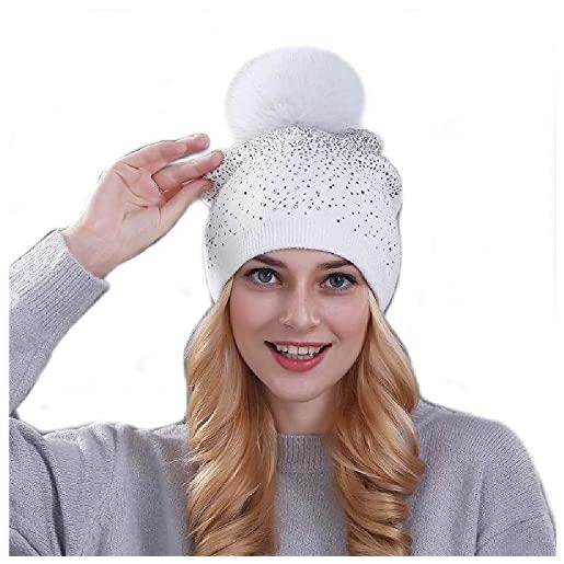 Brillabenny cappello cuffia cristalli strass pon pon pelliccia donna berretto hat fur luxury neve sci regalo (bianco)