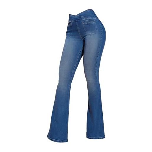 LOIJMK jeans da donna con vita a v, pantaloni attillati, gamba larga, tasche applicate, pantaloni in denim, pantaloni corti da donna, colore nero, blu, xs