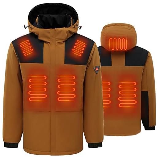 HSKJTT giacca riscaldata antivento per uomo donna, giacca con cappuccio riscaldante cappotto riscaldato scaldacorpo elettrico usb per sport invernali da lavoro all'aperto, xl, coffee