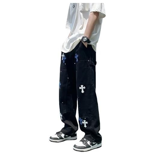 Yokbeer y2k skateboard jeans da uomo jeans larghi basic plain jeans larghi jeans baggy dritti jeans vintage anni '90 ragazzo adolescente jeans larghi hip hop pantaloni casual (color: schwar, size: 