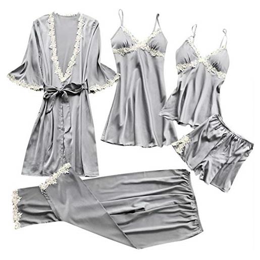 Generic pigiami donna 5 pezzi seta vestaglia primavera indumenti da notte con pizzo kimono set di pigiami tinta unita pantaloni accappatoi pigiameria