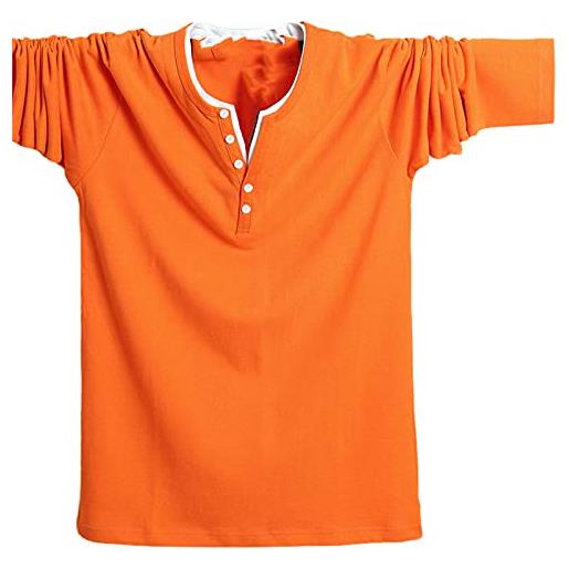 Kimiyar t-shirt da uomo a maniche lunghe in cotone con bottoni grandi e alti t-shirt autunnali casual tinta unita, arancione, 6xl