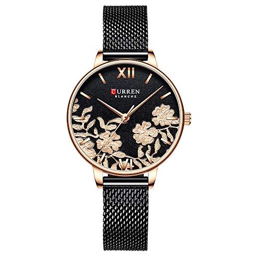 CURREN elegante orologio da polso da donna, al quarzo, con fiore di sakura, in rilievo, semplice orologio da polso impermeabile fino a 3 atm, con cinturino in rete metallica, nero 2, bracciale