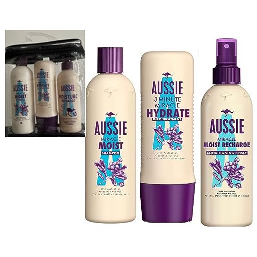 Aussie miracle moist gift set shampoo 300ml + 3 minute conditioner 250ml + leave in conditioner spray 250ml - tutto fornito in un sacchetto da toilette con zip