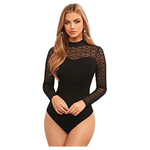 Ausla Women Mock Neck Mesh Lace Long Sleeve Slim Bodysuit Jumpsuit