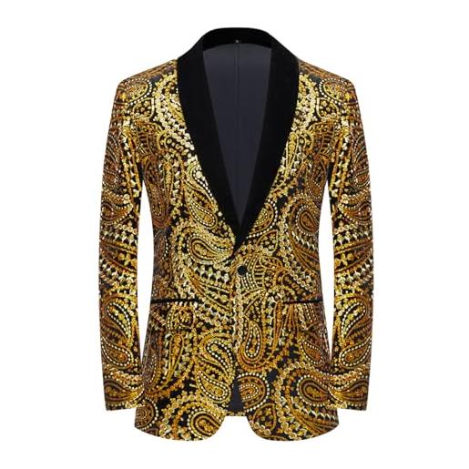 PYJTRL giacca da uomo con paillettes lucide giacca classica da abito floreale moda, adatta per feste, matrimoni, banchetti, balli, gold, 3xl