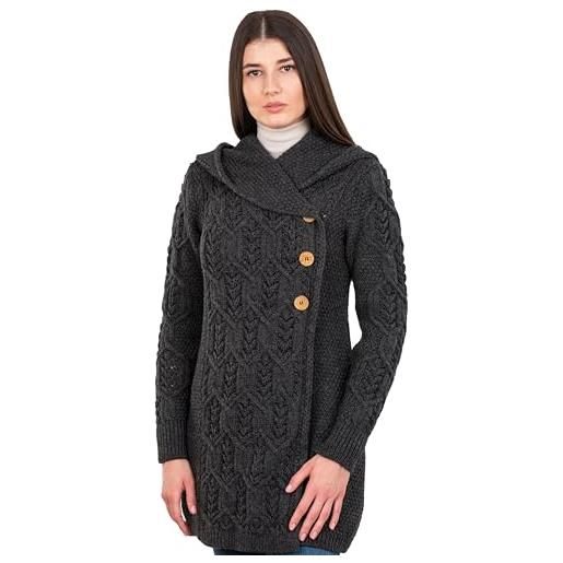 SAOL cappotto con collo sciallato, 100% lana merino, foglia di aran, con bottoni da donna, carbone, xs