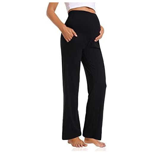 Foucome pantaloni premaman casual da donna a gamba larga larghi pantaloni comodi pantaloni a palazzo per gravidanza pantaloni da salotto con tasche, nero , s