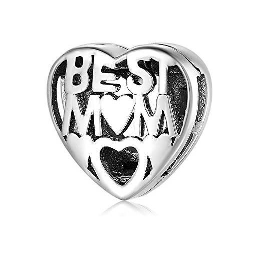 Manhe Charms charm in argento sterling 925 con scritta best mom e scritta in lingua inglese mom reflexions per braccialetti da donna