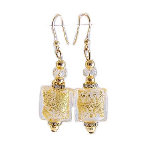 VENEZIA CLASSICA - orecchini da donna con perle in vetro di murano originale, collezione lily, con foglia in oro 24kt, made in italy certificato (bianco)