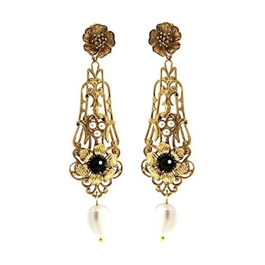 Mokilu' - gioielli - orecchini vintage - donna - ottone dorato 24kt - motivo floreale - pietra onice nera - perla