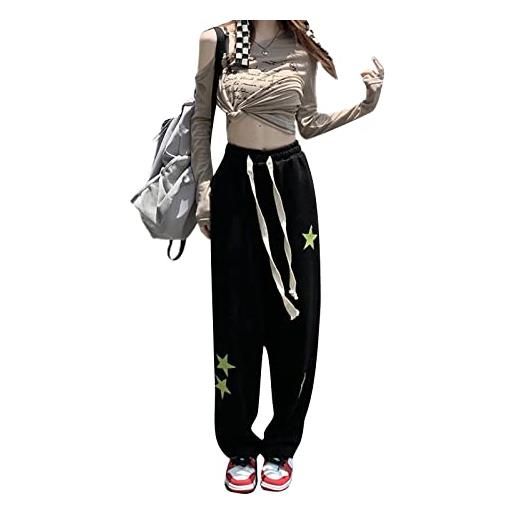 FeMereina y2k star print joggers pantaloni della tuta a vita alta con coulisse estetica comoda e ampia pantaloni lunghi con tasche, nero , s