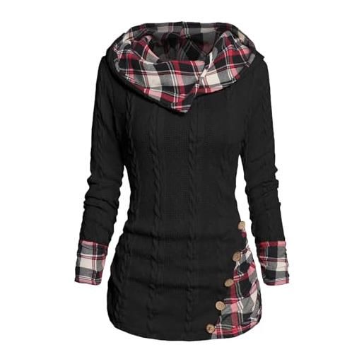 Cremlank felpa invernale di media lunghezza con cappuccio vintage patchwork plaid twist maglione casual a maniche lunghe con cappuccio felpa a maglia per donna autunno morbido, nero , xl