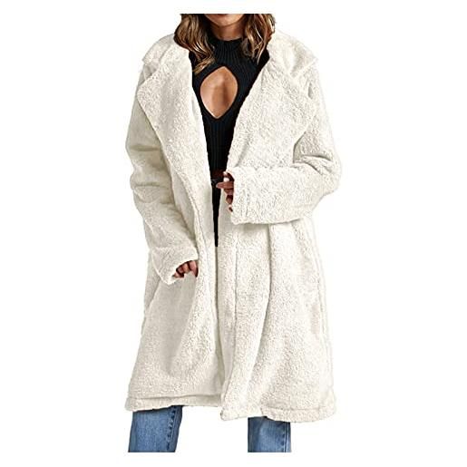 EMUKFD cappotto invernale da donna 2023 in pile sfocato con risvolto a maniche lunghe casual caldo in pelliccia sintetica outwear giacca sherpa cardigan, bianco, 3xl