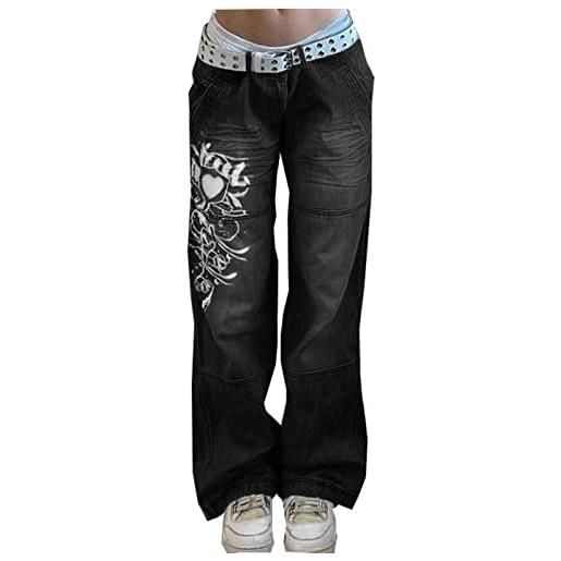 Yokbeer jeans donna a vita bassa a gamba larga stampa vintage pantaloni larghi y2k pantaloni di jeans dritti invecchiati slim flare jean e girl streetwear (color: black, size: s)