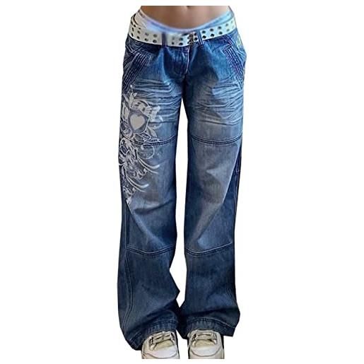 Yokbeer jeans donna a vita bassa a gamba larga stampa vintage pantaloni larghi y2k pantaloni di jeans dritti invecchiati slim flare jean e girl streetwear (color: black, size: s)