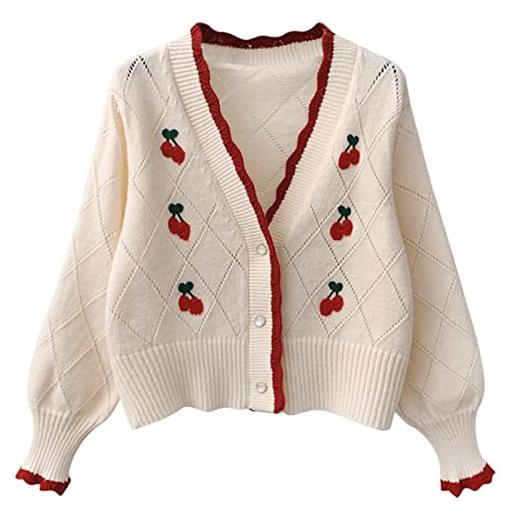 Aobiono donne kawaii ciliegia ritagliata cardigan maglione kimono maglia crop top ragazza carino estetica giapponese coreano crochet preppy, bianco, taglia unica
