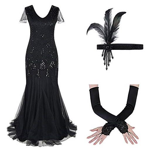 FYMNSI, vestito da donna anni '20, stile gatsby flapper, vintage, lungo, con scollo a v, con paillettes, tulle, lunghezza del pavimento, abito da sera per feste nero (con accessori). M