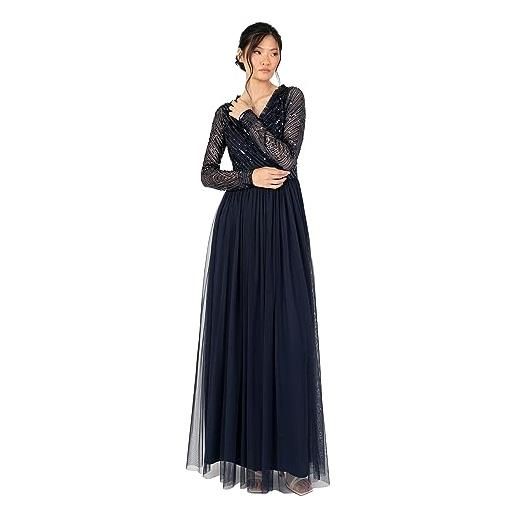 Maya Deluxe women's maxi dress ladies embellished wrap tulle frilly v-neck long sleeve for wedding guest bridesmaid prom ball gown vestiti, navy, 56 da donna