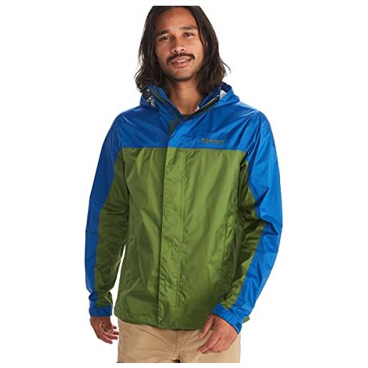 Marmot precip eco jacket f22, leggera con cappuccio, impermeabile antivento, giacca a vento traspirante, ideale per corsa ed escursionismo, fogliame/azzurro scuro, s uomo