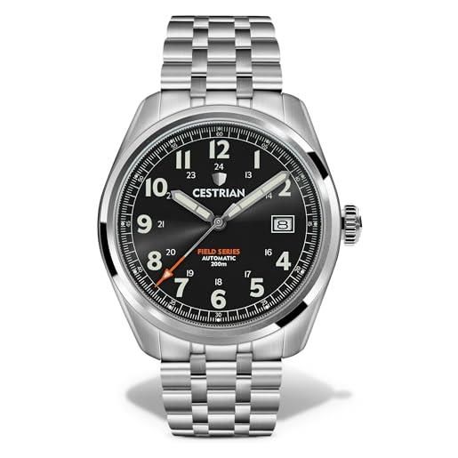 Cestrian field series cf921b0660 - orologio automatico da uomo con quadrante grigio e cinturino in acciaio, stile militare, 200 m, colore: grigio, grigio, militare