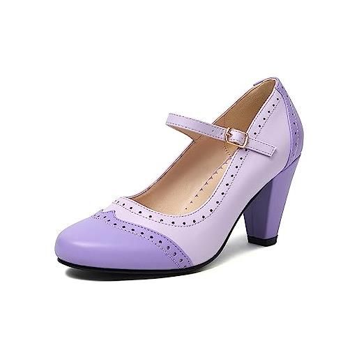 elerhythm scarpe da donna two tone mary jane classic e retro anni '20 pump heels gatsby oxford, modello vintage anni '50, con punta rotonda chiusa, cinturino alla caviglia, lilla, 37 eu