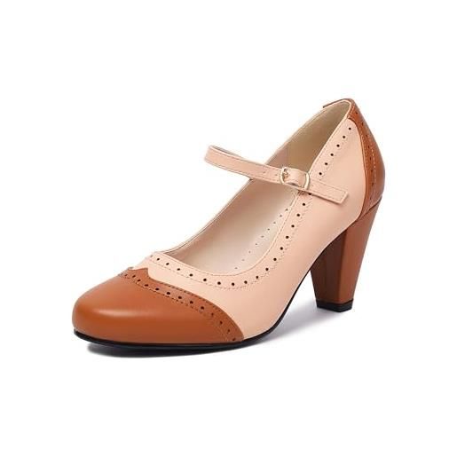 elerhythm scarpe da donna two tone mary jane classic e retro anni '20 pump heels gatsby oxford, modello vintage anni '50, con punta rotonda chiusa, cinturino alla caviglia, marrone nudo, 38 eu