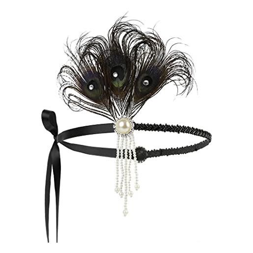 Zoestar cerchietto con piume di perle e nappe, stile vintage, con cristalli grandi, per capelli gatsby, anni '20, accessori per costume da donna, colore nero