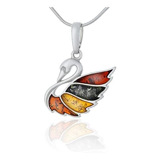 AMBEDORA collana da donna con cigno e ambra, argento sterling lucido, ambra baltica naturale, ciondolo in argento con catena