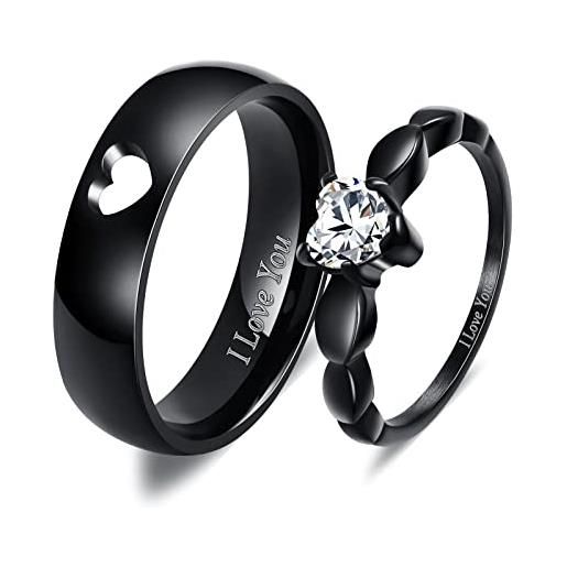 Banemi coppia di anelli per partner, anelli in acciaio inox, colore nero, anelli per partner, anelli di fidanzamento per uomo e donna, misura da donna 52 (16,6)+uomo taglia 67 (21,3), zirconia cubica