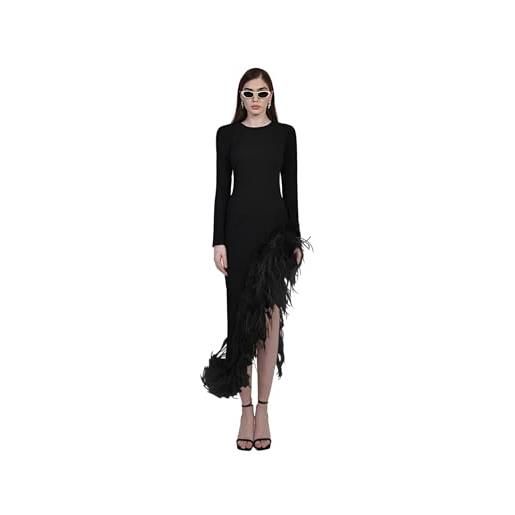 Generico abito donna lungo manica lunga girocollo spacco alto piume asimmetrico elegante sensuale nero/taglia unica