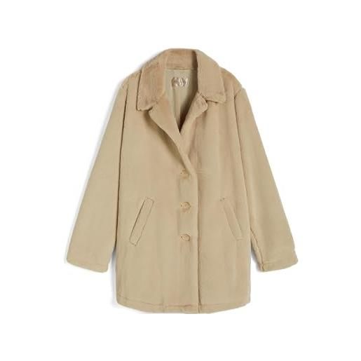 FREDDY - cappotto monopetto con bottoni in pelliccia sintetica, donna, beige, medium