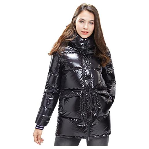 Extreme Pop piumino donna lucido con cappuccio in piuma d'oca lucida giacca a vento donna invernale (nero, s)