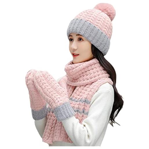 Pulcykp cappello da donna sciarpa/guanti set autunno-inverno ispessimento tre pezzi caldo berretti cappello, rosa, etichettalia unica
