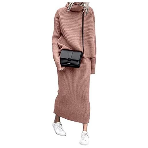 ZIBLER set di gonne lavorate a maglia invernali da donna in 2 pezzi - maglione dolcevita a costine spesse con gonna lunga a tubino (rosa, xl)