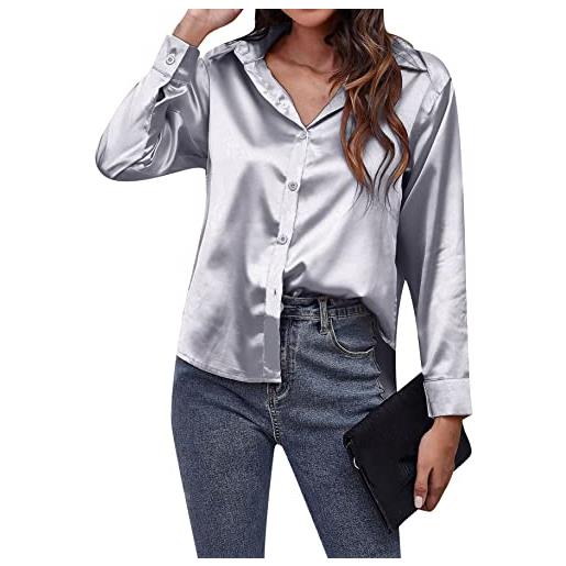 YMING donne sexy raso seta camicia manica lunga pulsante camicie ufficio lavoro tunica tops nero m
