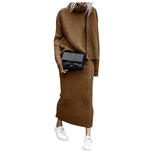 ZIBLER set di gonne lavorate a maglia invernali da donna in 2 pezzi - maglione dolcevita a costine spesse con gonna lunga a tubino (cachi, s)