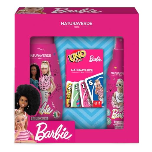 Naturaverde | kids - barbie gift set 2023 uno cards cofanetto regalo con bagnoschiuma 300ml, balsamo spray 200ml e carte da uno di barbie, made in italy