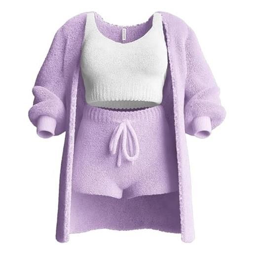 BreWel completo da donna in caldo pile sfocato in 3 pezzi, pigiama in pile, cardigan caldo, top corto, pantaloncini, set da casa (s, rosa)