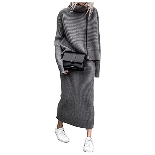 ZIBLER set di gonne lavorate a maglia invernali da donna in 2 pezzi - maglione dolcevita a costine spesse con gonna lunga a tubino (grigio, l)